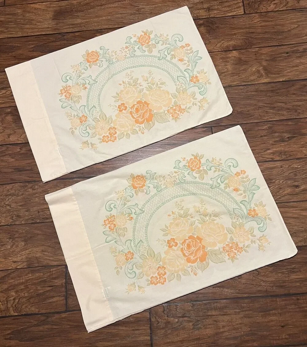 Vtg Floral Standard Pillowcases 60s Orange Green Cream No-iron Percale PAIR 2